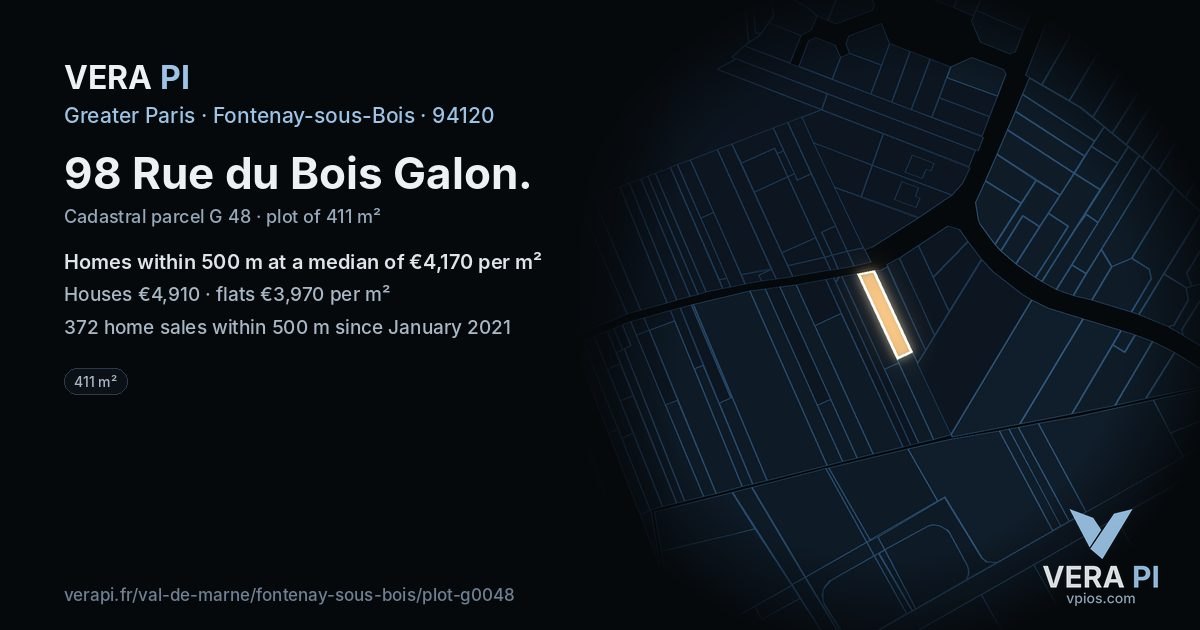 98 Rue du Bois Galon, Fontenay-sous-Bois at night – the plot lit, the parcels around coloured by the prices near them