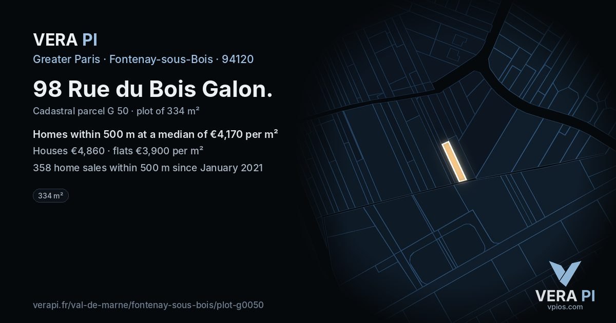 98 Rue du Bois Galon, Fontenay-sous-Bois at night – the plot lit, the parcels around coloured by the prices near them