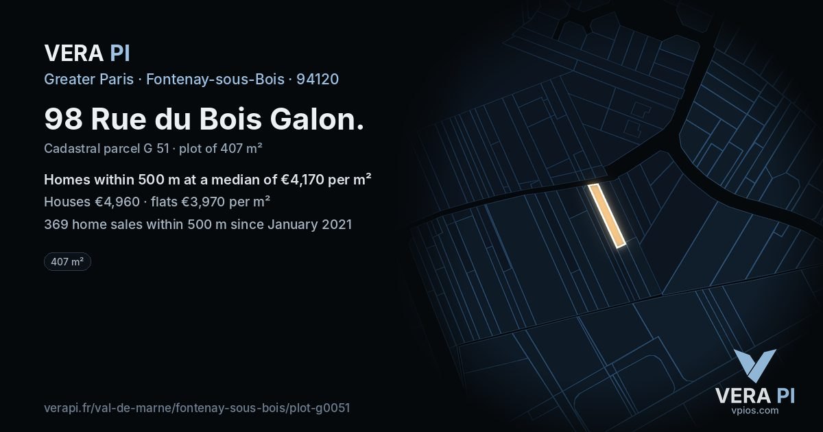 98 Rue du Bois Galon, Fontenay-sous-Bois at night – the plot lit, the parcels around coloured by the prices near them