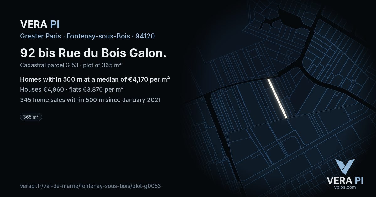 92 bis Rue du Bois Galon, Fontenay-sous-Bois at night – the plot lit, the parcels around coloured by the prices near them