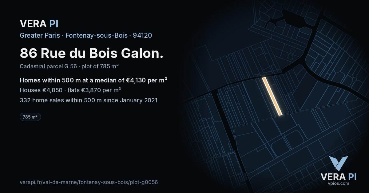 86 Rue du Bois Galon, Fontenay-sous-Bois at night – the plot lit, the parcels around coloured by the prices near them