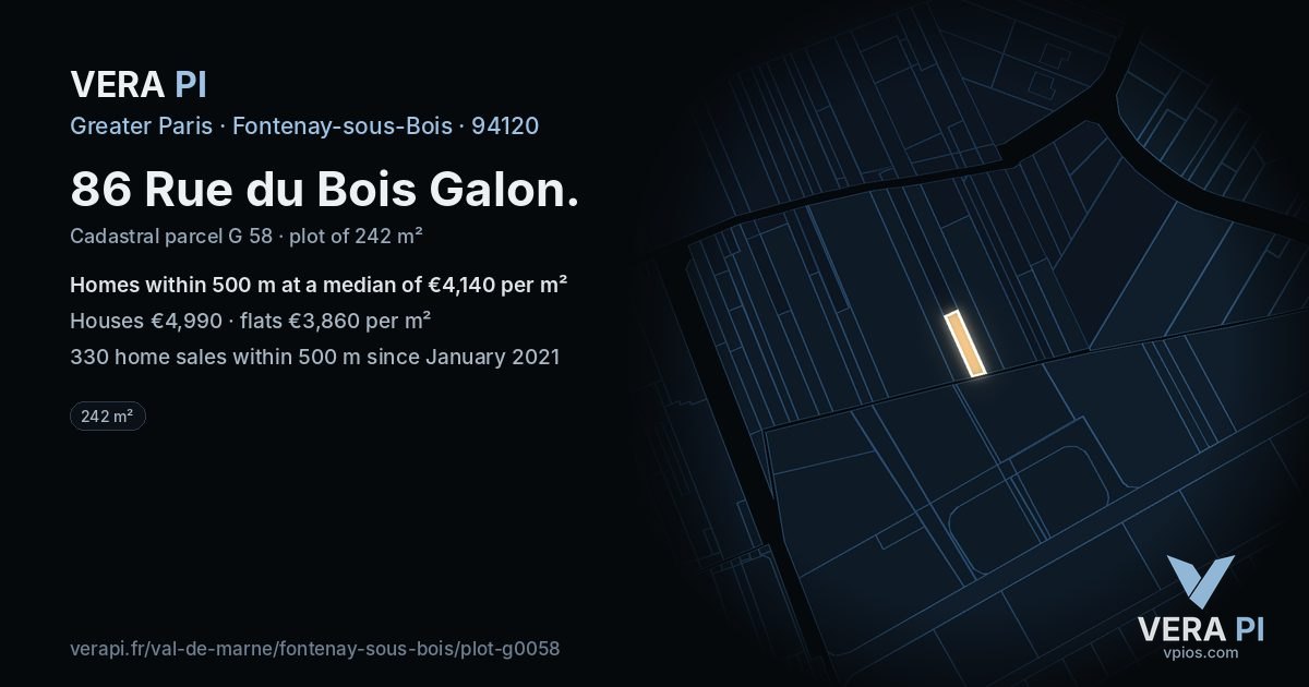 86 Rue du Bois Galon, Fontenay-sous-Bois at night – the plot lit, the parcels around coloured by the prices near them