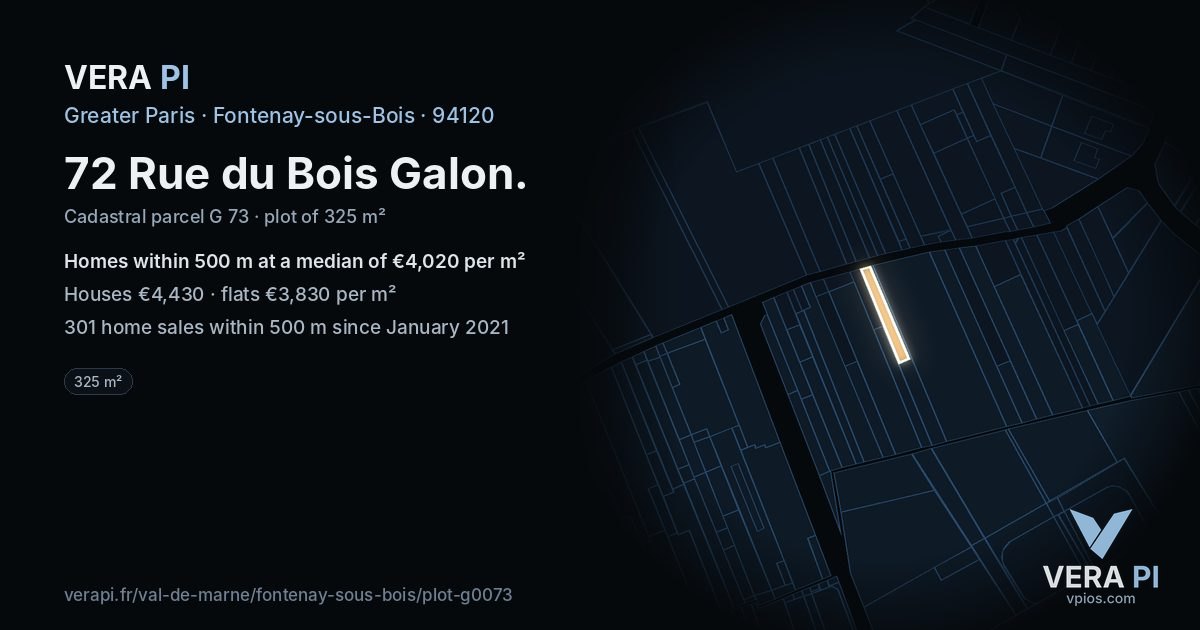72 Rue du Bois Galon, Fontenay-sous-Bois at night – the plot lit, the parcels around coloured by the prices near them