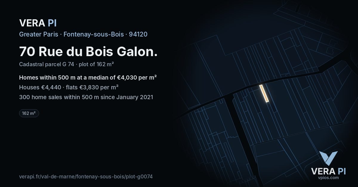 70 Rue du Bois Galon, Fontenay-sous-Bois at night – the plot lit, the parcels around coloured by the prices near them