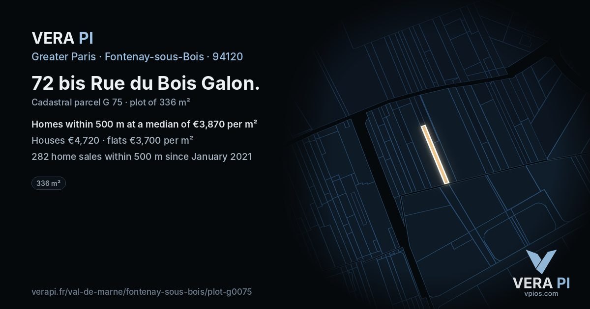 72 bis Rue du Bois Galon, Fontenay-sous-Bois at night – the plot lit, the parcels around coloured by the prices near them