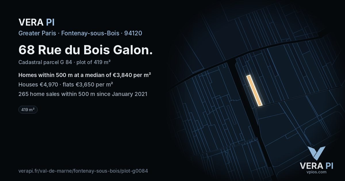 68 Rue du Bois Galon, Fontenay-sous-Bois at night – the plot lit, the parcels around coloured by the prices near them