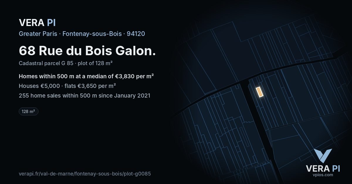 68 Rue du Bois Galon, Fontenay-sous-Bois at night – the plot lit, the parcels around coloured by the prices near them