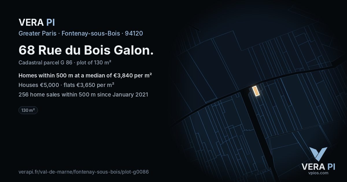 68 Rue du Bois Galon, Fontenay-sous-Bois at night – the plot lit, the parcels around coloured by the prices near them