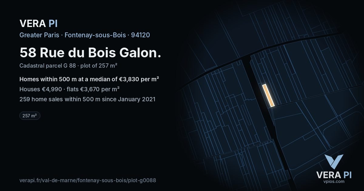 58 Rue du Bois Galon, Fontenay-sous-Bois at night – the plot lit, the parcels around coloured by the prices near them