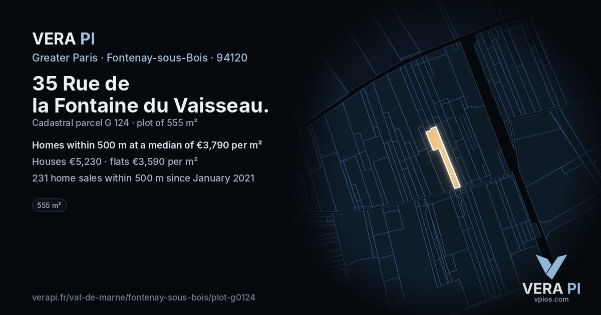 35 Rue de la Fontaine du Vaisseau, Fontenay-sous-Bois at night – the plot lit, the parcels around coloured by the prices near them
