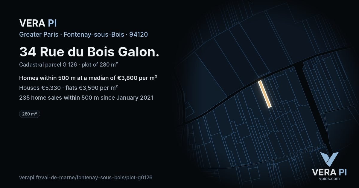 34 Rue du Bois Galon, Fontenay-sous-Bois at night – the plot lit, the parcels around coloured by the prices near them