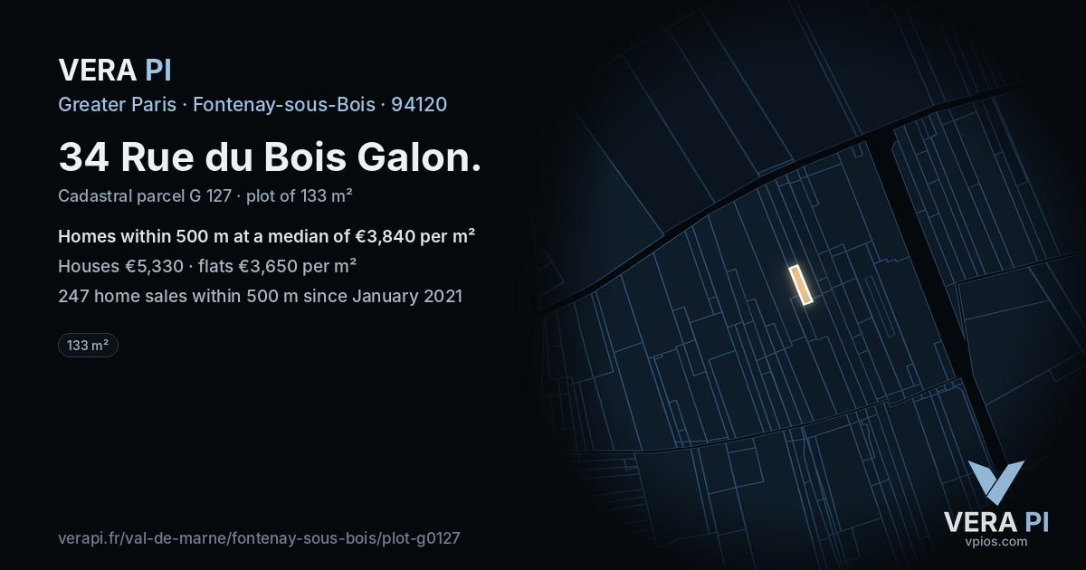 34 Rue du Bois Galon, Fontenay-sous-Bois at night – the plot lit, the parcels around coloured by the prices near them
