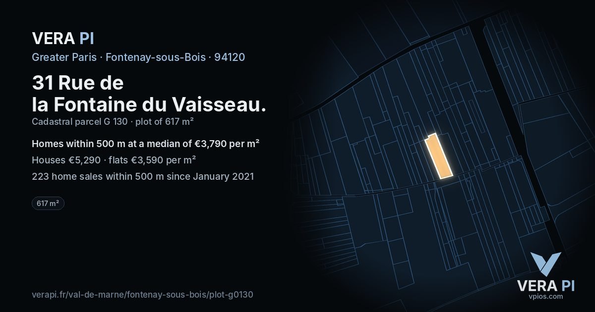 31 Rue de la Fontaine du Vaisseau, Fontenay-sous-Bois at night – the plot lit, the parcels around coloured by the prices near them