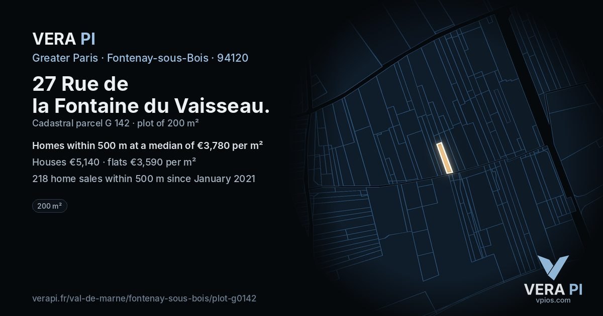 27 Rue de la Fontaine du Vaisseau, Fontenay-sous-Bois at night – the plot lit, the parcels around coloured by the prices near them