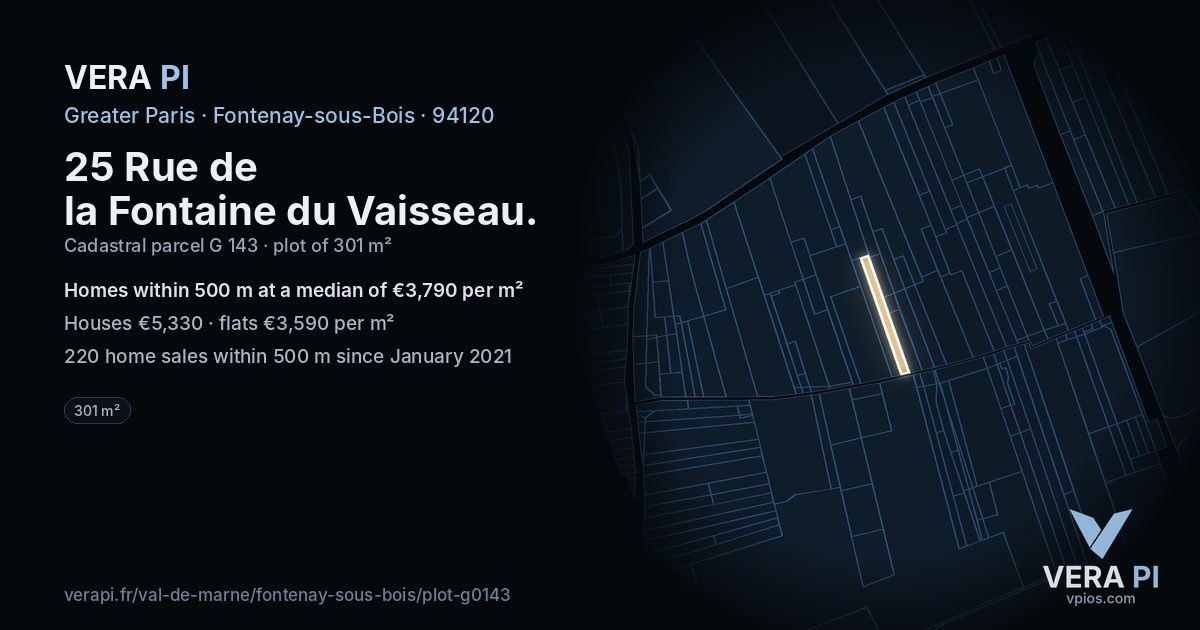 25 Rue de la Fontaine du Vaisseau, Fontenay-sous-Bois at night – the plot lit, the parcels around coloured by the prices near them