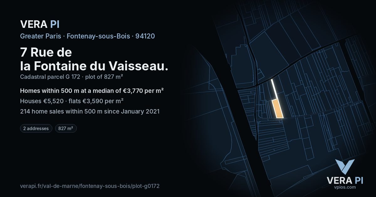 7 Rue de la Fontaine du Vaisseau, Fontenay-sous-Bois at night – the plot lit, the parcels around coloured by the prices near them