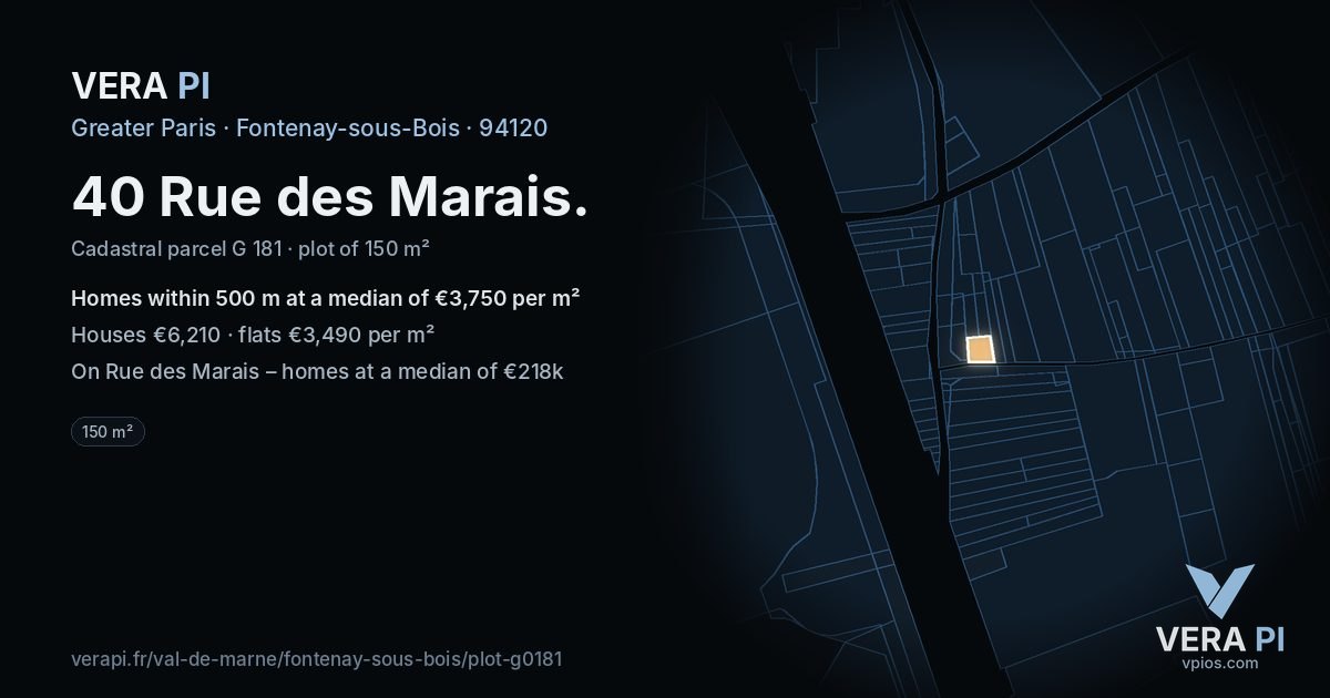 40 Rue des Marais, Fontenay-sous-Bois at night – the plot lit, the parcels around coloured by the prices near them