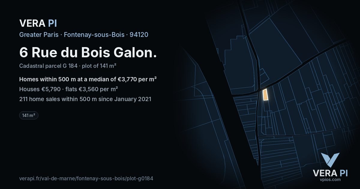 6 Rue du Bois Galon, Fontenay-sous-Bois at night – the plot lit, the parcels around coloured by the prices near them