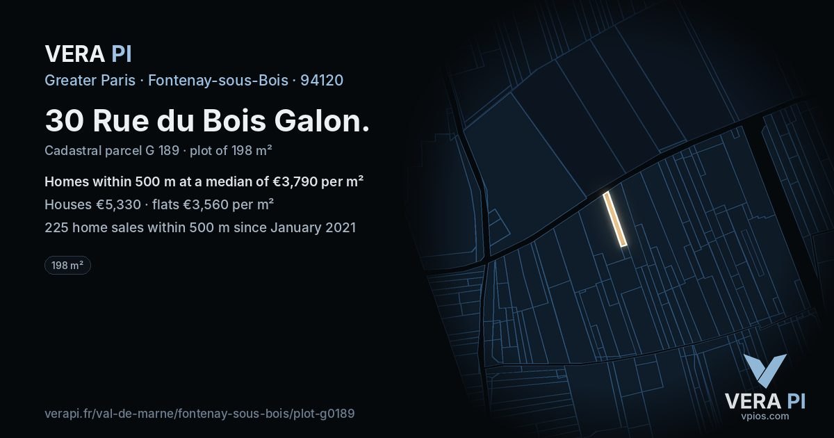 30 Rue du Bois Galon, Fontenay-sous-Bois at night – the plot lit, the parcels around coloured by the prices near them