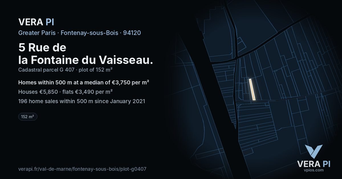5 Rue de la Fontaine du Vaisseau, Fontenay-sous-Bois at night – the plot lit, the parcels around coloured by the prices near them