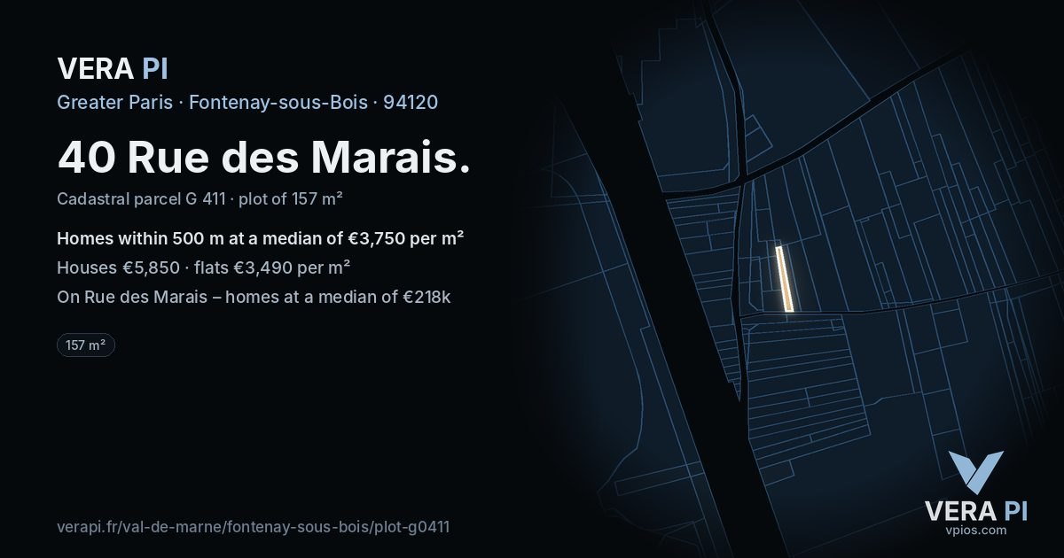 40 Rue des Marais, Fontenay-sous-Bois at night – the plot lit, the parcels around coloured by the prices near them