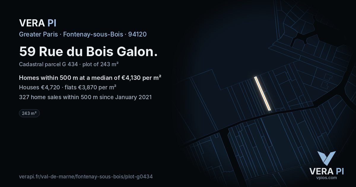 59 Rue du Bois Galon, Fontenay-sous-Bois at night – the plot lit, the parcels around coloured by the prices near them