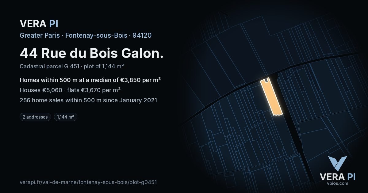 44 Rue du Bois Galon, Fontenay-sous-Bois at night – the plot lit, the parcels around coloured by the prices near them