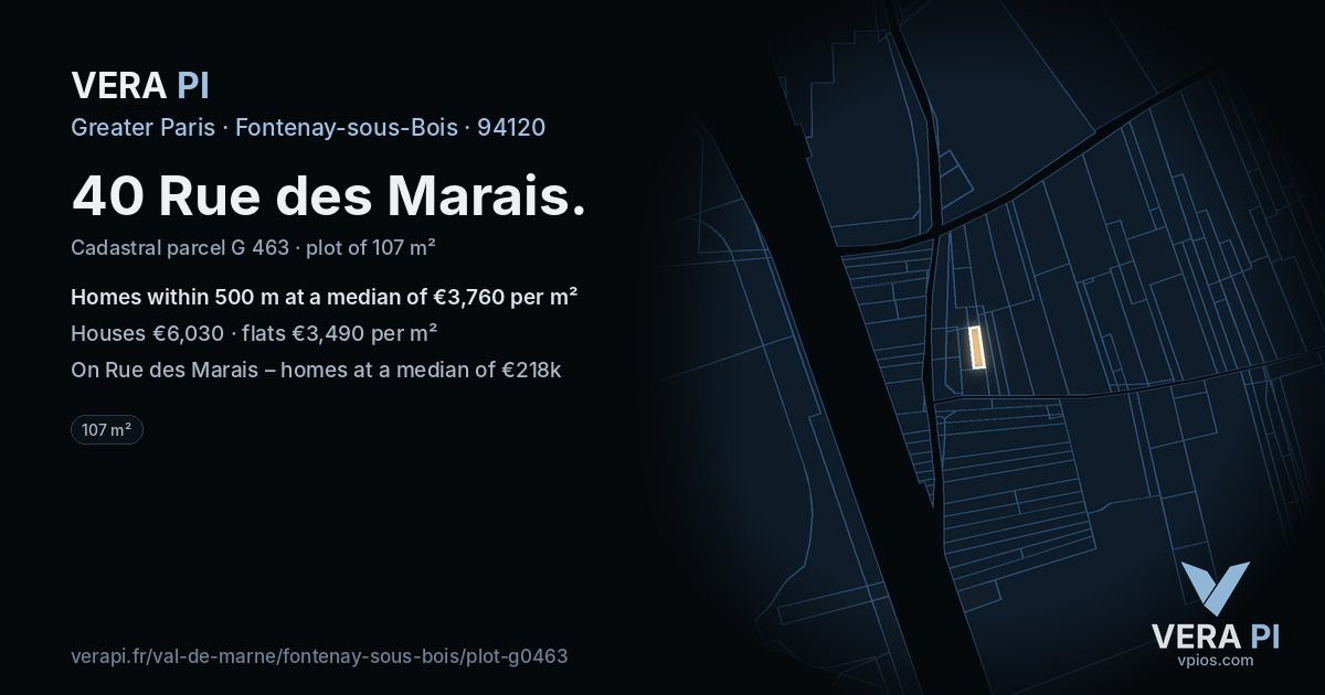 40 Rue des Marais, Fontenay-sous-Bois at night – the plot lit, the parcels around coloured by the prices near them