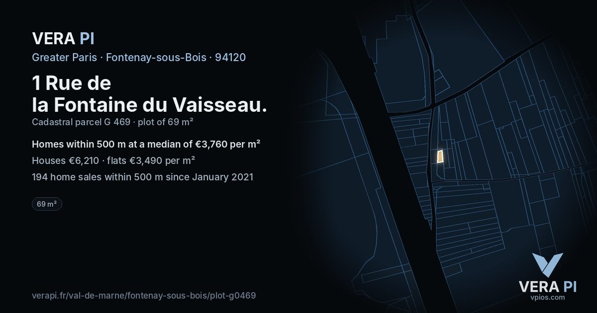 1 Rue de la Fontaine du Vaisseau, Fontenay-sous-Bois at night – the plot lit, the parcels around coloured by the prices near them