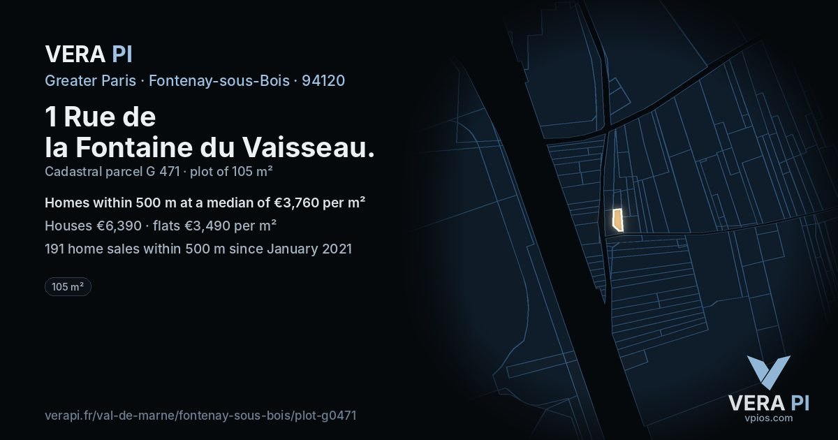 1 Rue de la Fontaine du Vaisseau, Fontenay-sous-Bois at night – the plot lit, the parcels around coloured by the prices near them