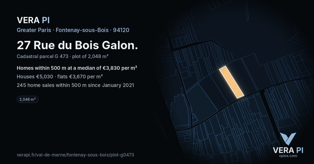 27 Rue du Bois Galon, Fontenay-sous-Bois at night – the plot lit, the parcels around coloured by the prices near them