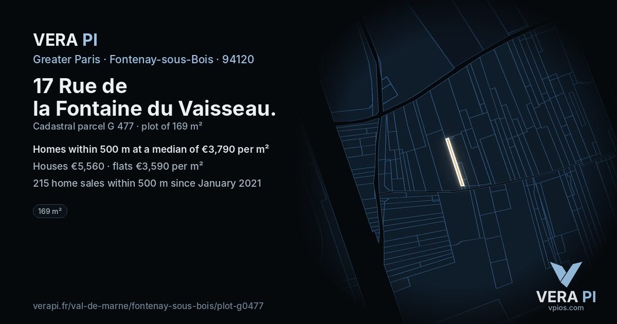 17 Rue de la Fontaine du Vaisseau, Fontenay-sous-Bois at night – the plot lit, the parcels around coloured by the prices near them
