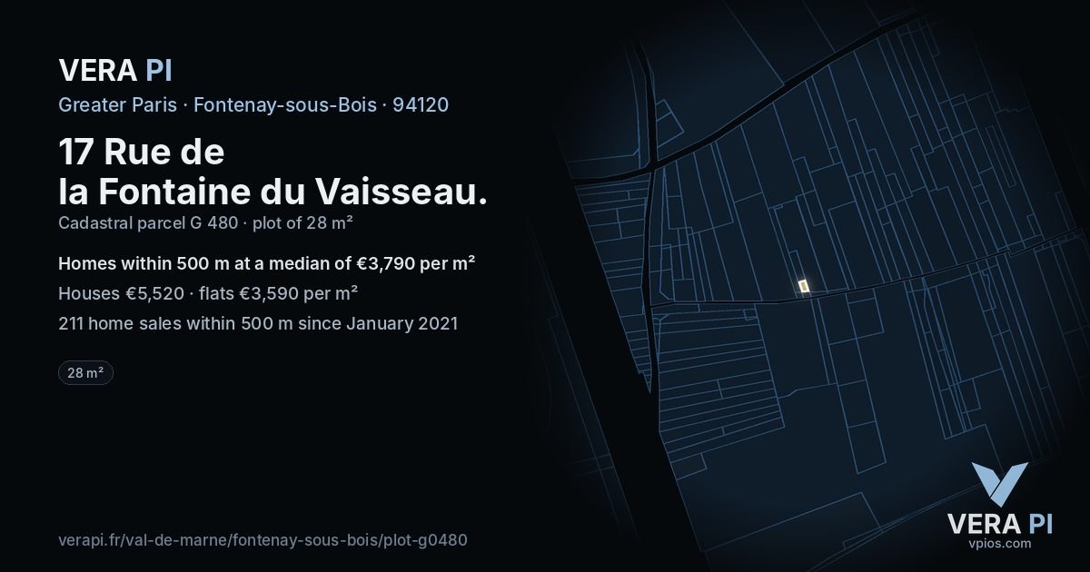 17 Rue de la Fontaine du Vaisseau, Fontenay-sous-Bois at night – the plot lit, the parcels around coloured by the prices near them