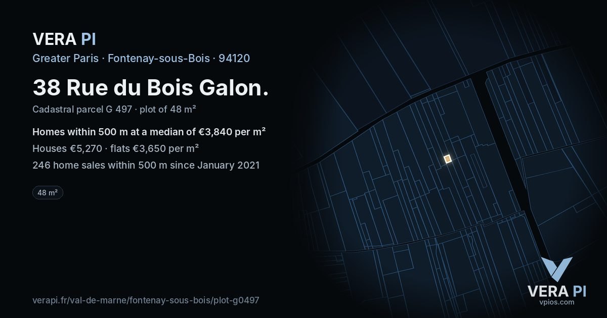 38 Rue du Bois Galon, Fontenay-sous-Bois at night – the plot lit, the parcels around coloured by the prices near them