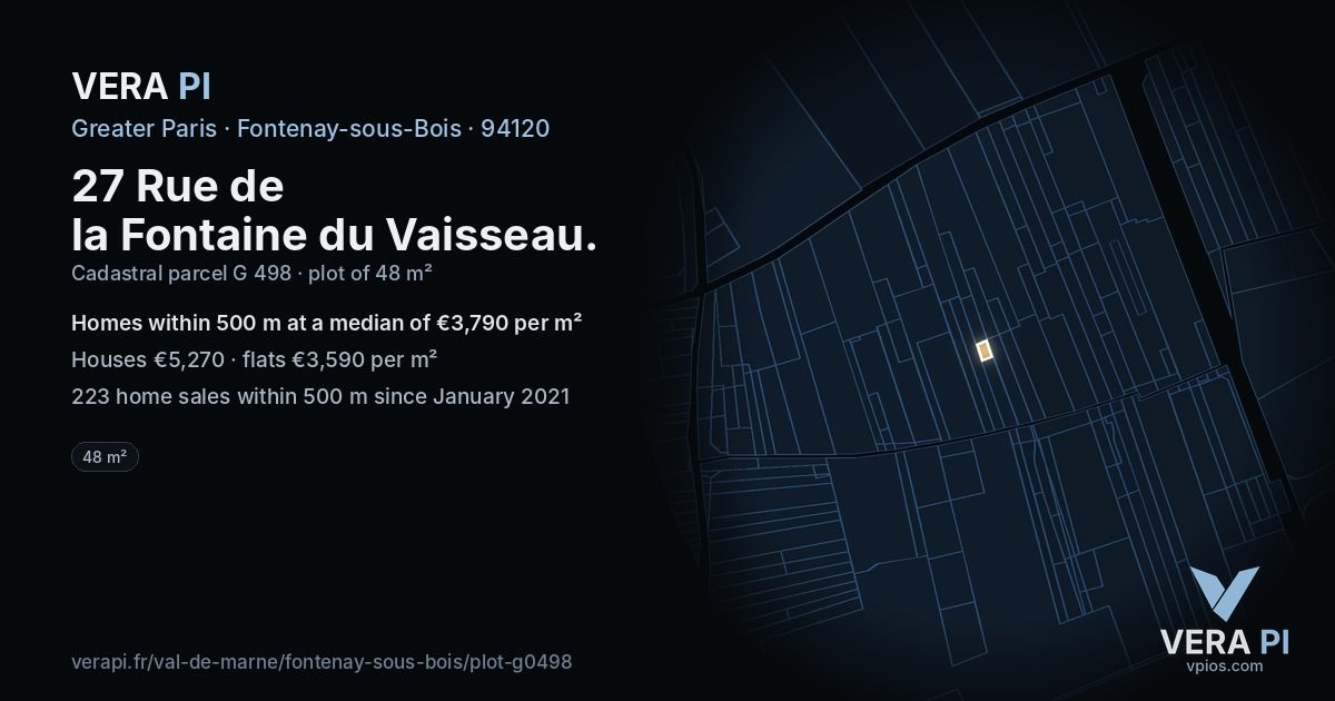 27 Rue de la Fontaine du Vaisseau, Fontenay-sous-Bois at night – the plot lit, the parcels around coloured by the prices near them