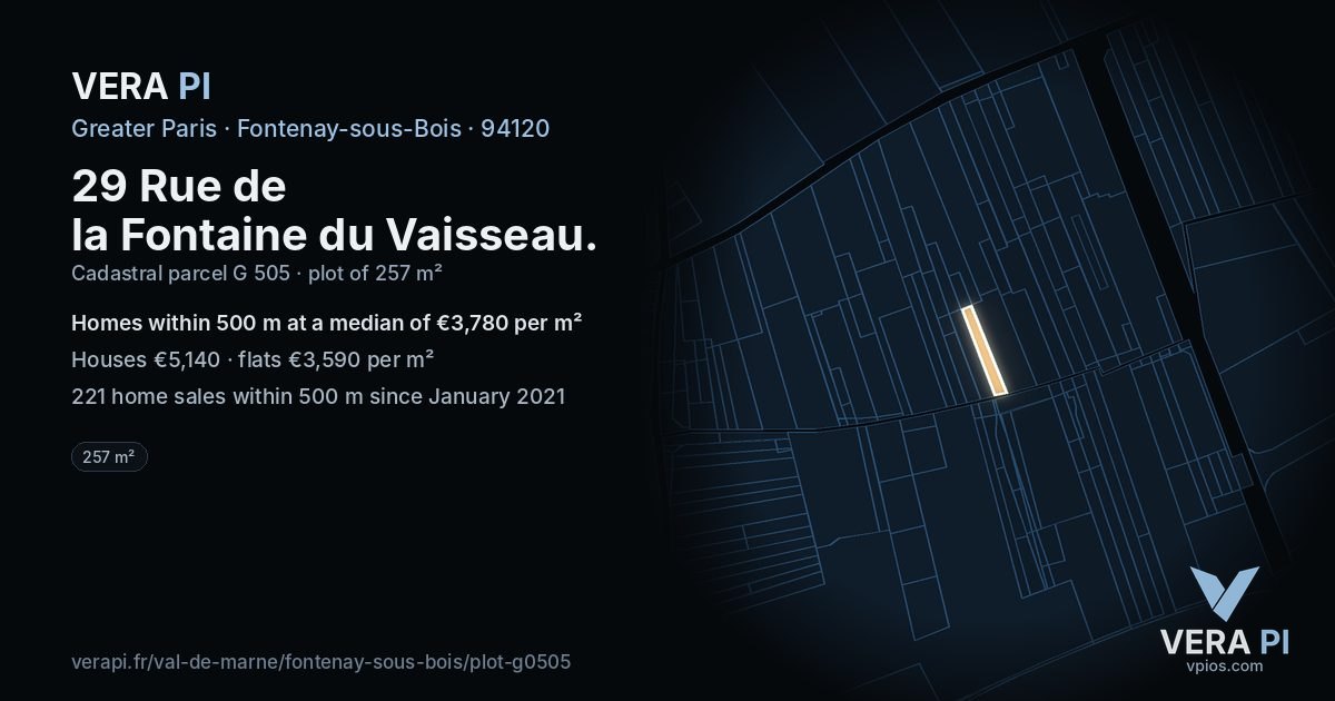 29 Rue de la Fontaine du Vaisseau, Fontenay-sous-Bois at night – the plot lit, the parcels around coloured by the prices near them