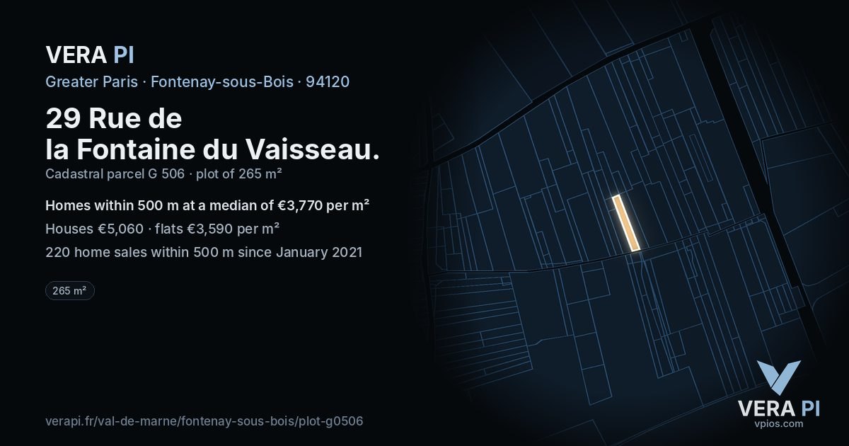 29 Rue de la Fontaine du Vaisseau, Fontenay-sous-Bois at night – the plot lit, the parcels around coloured by the prices near them