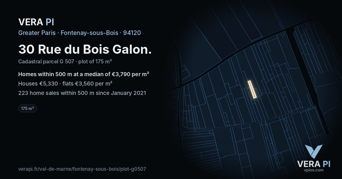 30 Rue du Bois Galon, Fontenay-sous-Bois at night – the plot lit, the parcels around coloured by the prices near them