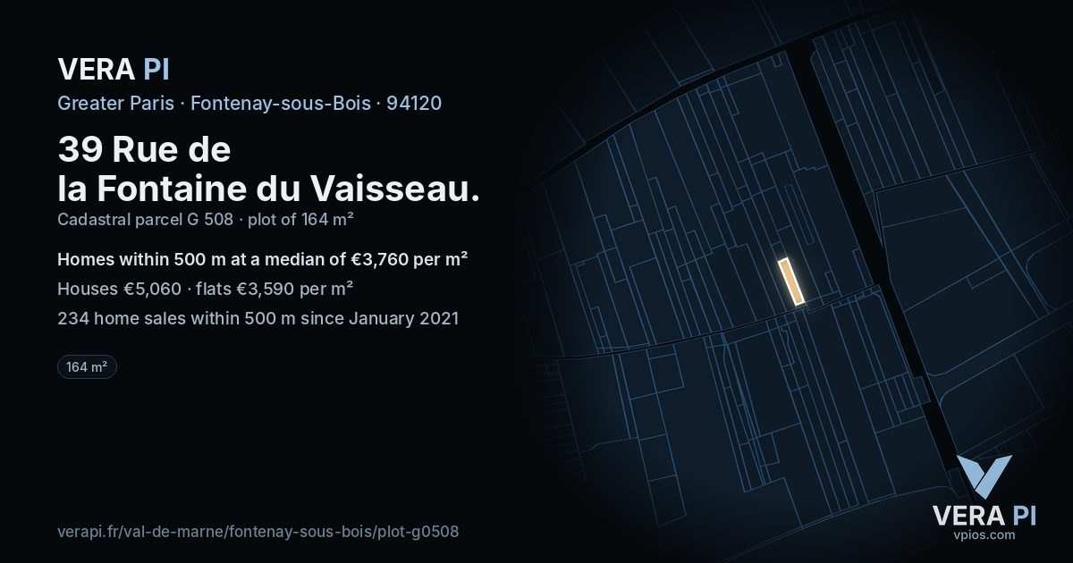 39 Rue de la Fontaine du Vaisseau, Fontenay-sous-Bois at night – the plot lit, the parcels around coloured by the prices near them