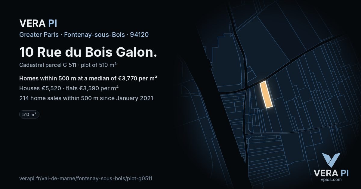 10 Rue du Bois Galon, Fontenay-sous-Bois at night – the plot lit, the parcels around coloured by the prices near them