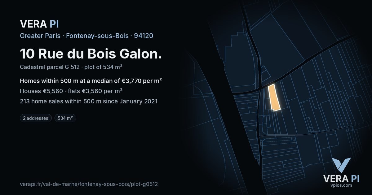 10 Rue du Bois Galon, Fontenay-sous-Bois at night – the plot lit, the parcels around coloured by the prices near them