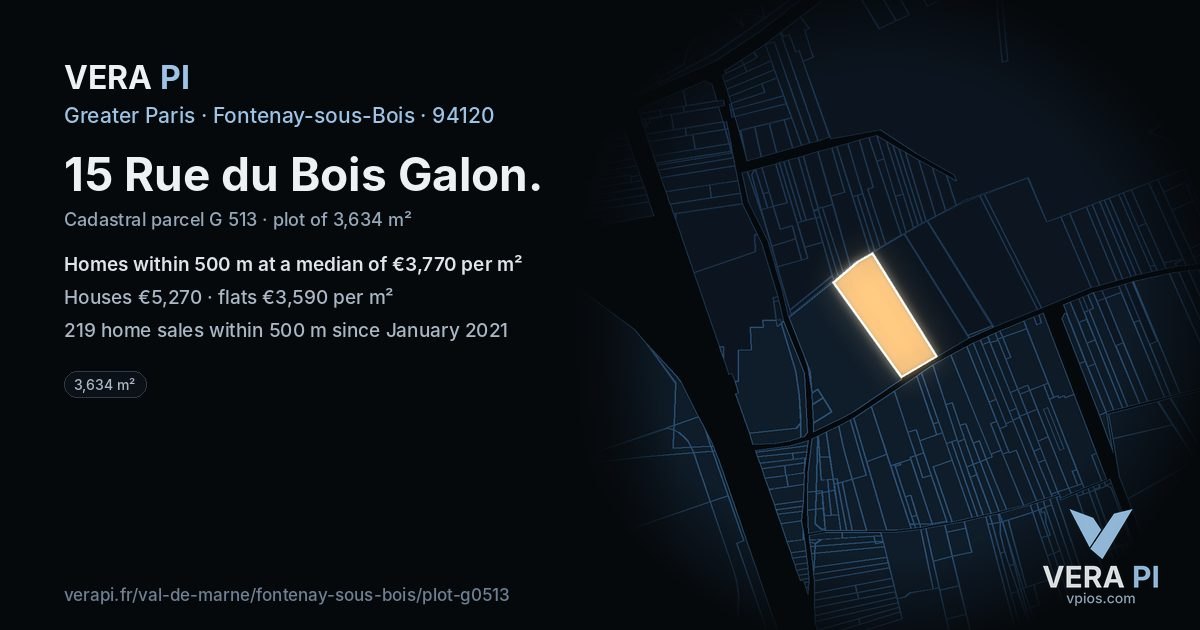 15 Rue du Bois Galon, Fontenay-sous-Bois at night – the plot lit, the parcels around coloured by the prices near them