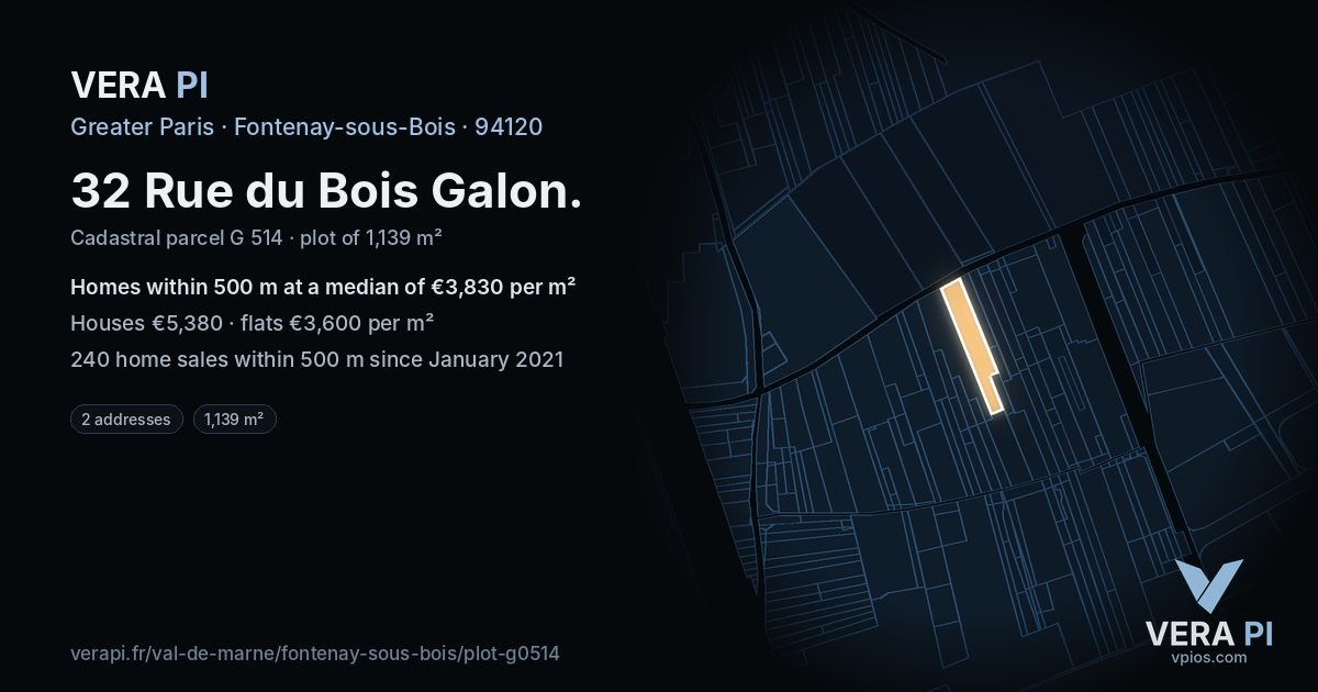 32 Rue du Bois Galon, Fontenay-sous-Bois at night – the plot lit, the parcels around coloured by the prices near them
