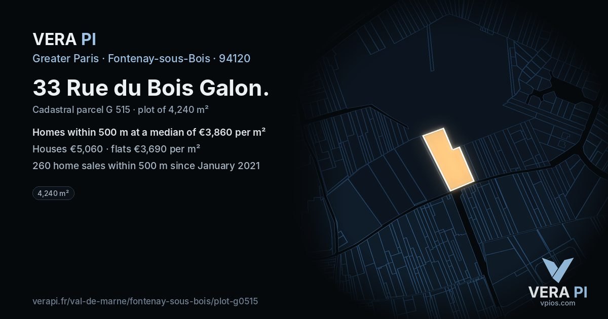 33 Rue du Bois Galon, Fontenay-sous-Bois at night – the plot lit, the parcels around coloured by the prices near them