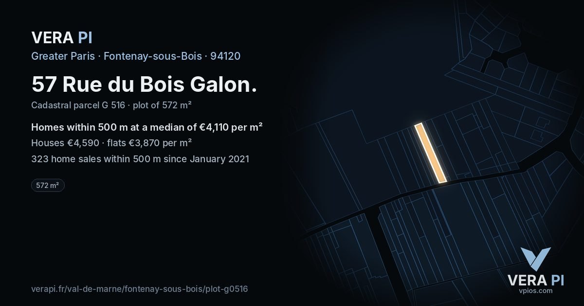 57 Rue du Bois Galon, Fontenay-sous-Bois at night – the plot lit, the parcels around coloured by the prices near them