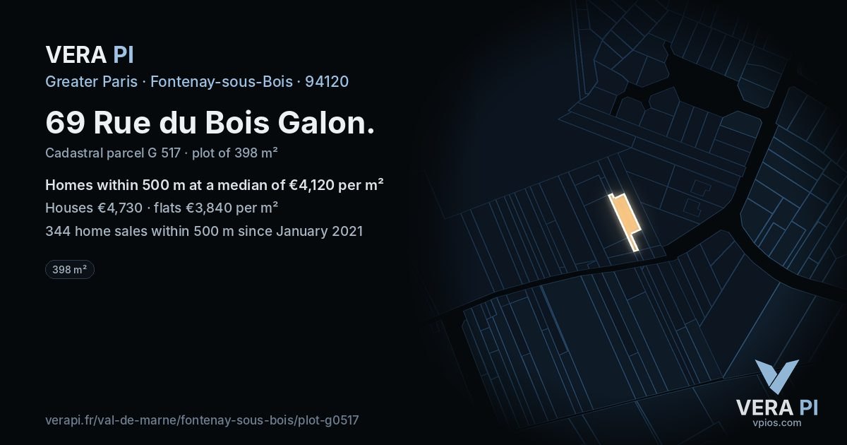 69 Rue du Bois Galon, Fontenay-sous-Bois at night – the plot lit, the parcels around coloured by the prices near them