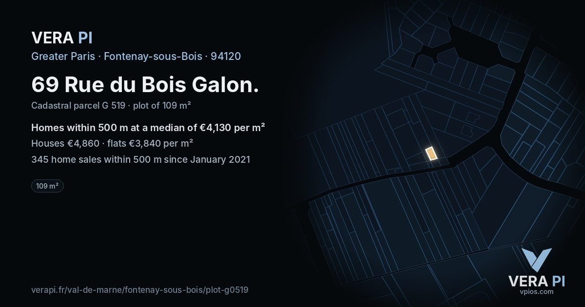 69 Rue du Bois Galon, Fontenay-sous-Bois at night – the plot lit, the parcels around coloured by the prices near them