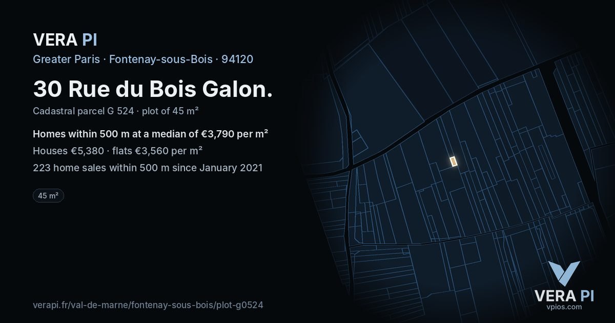 30 Rue du Bois Galon, Fontenay-sous-Bois at night – the plot lit, the parcels around coloured by the prices near them