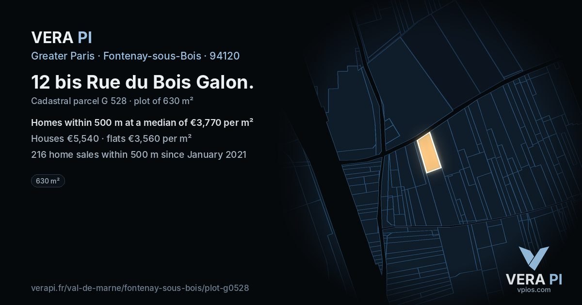12 bis Rue du Bois Galon, Fontenay-sous-Bois at night – the plot lit, the parcels around coloured by the prices near them