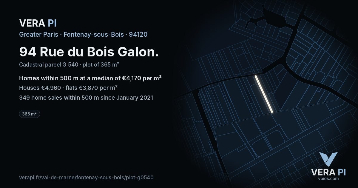 94 Rue du Bois Galon, Fontenay-sous-Bois at night – the plot lit, the parcels around coloured by the prices near them